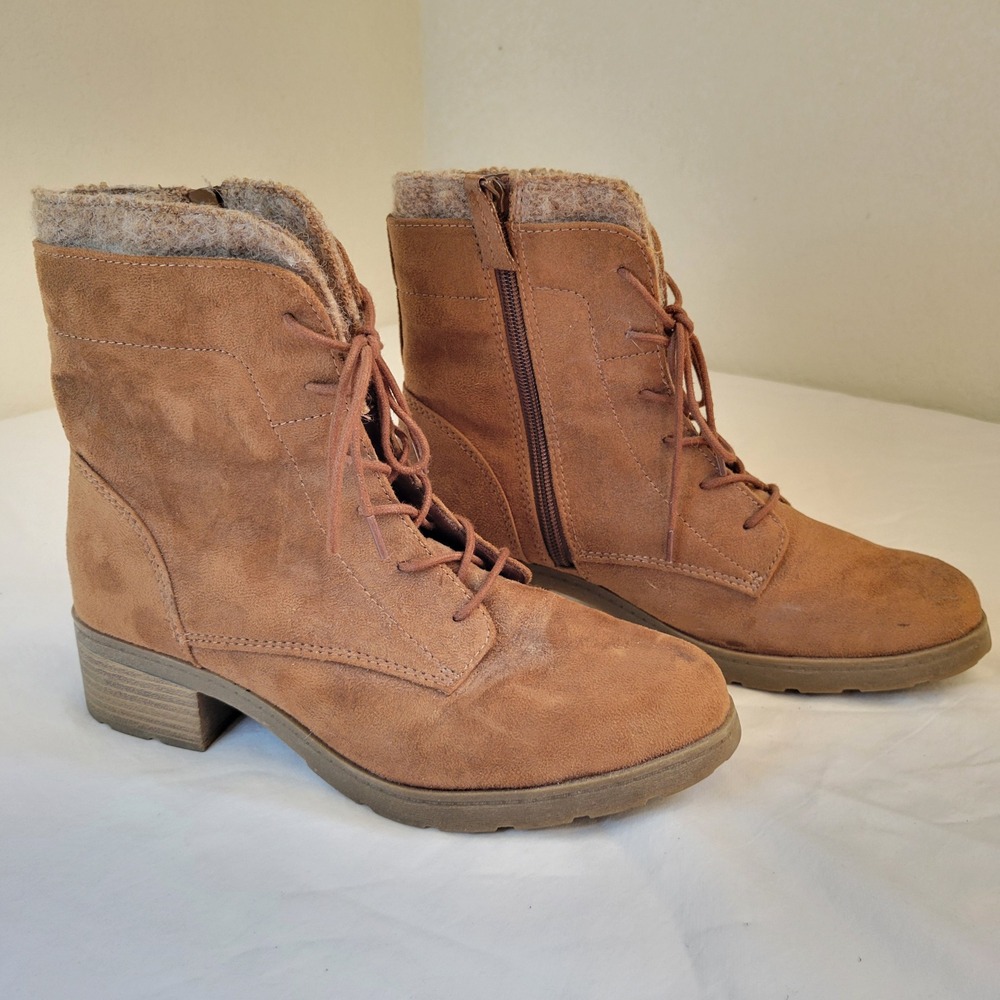 Universal Thread Cognac Faux Suede Lace Up Ankle Boots Wool Blend Trim Brown 9.5